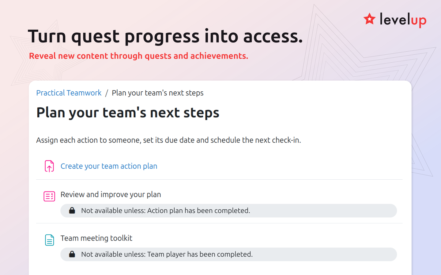 Activities and resources unlock when learners complete the required quests and achievements.